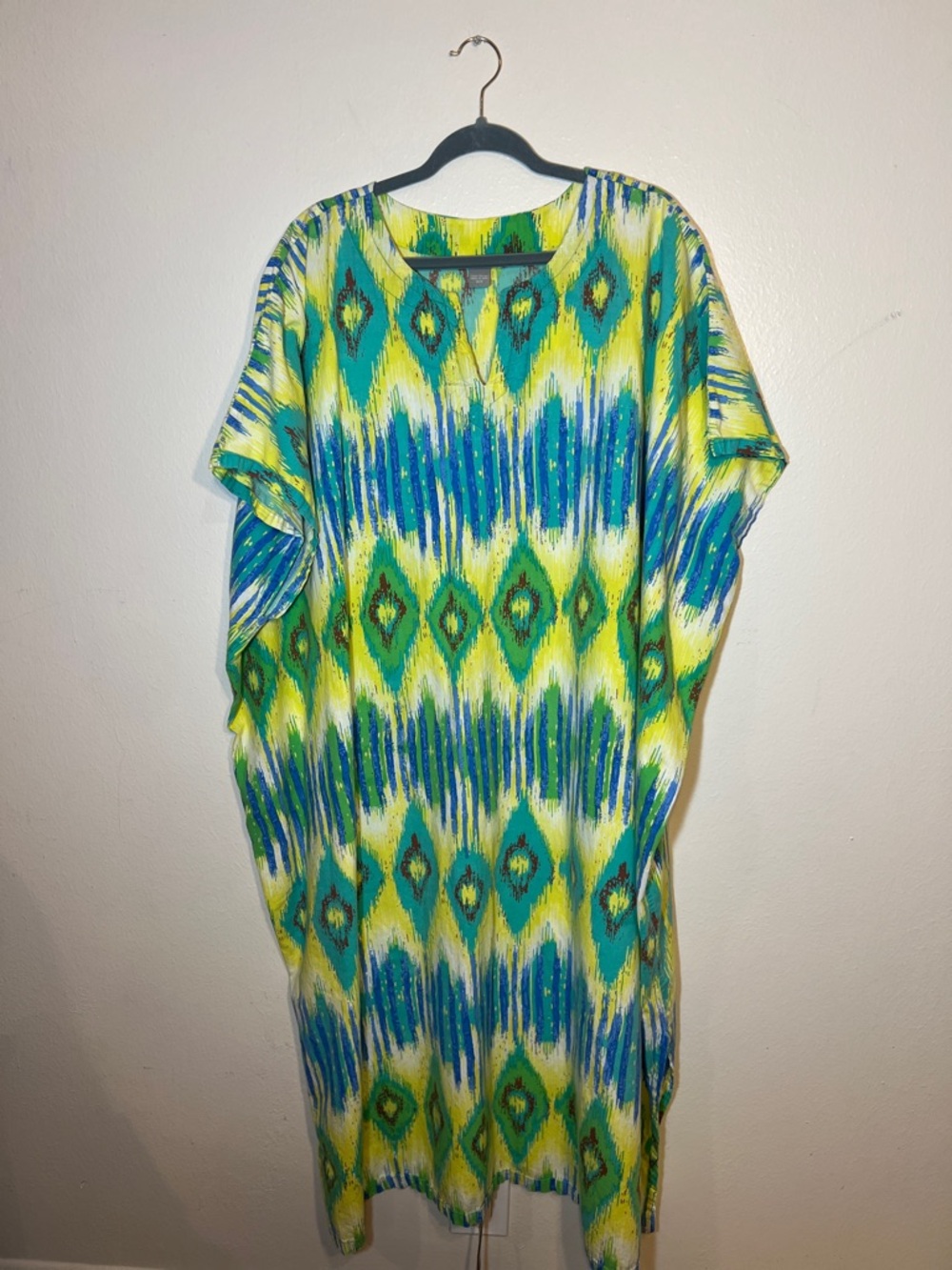 Peppermint Bay Turquoise & Yellow Green Ikat Cotton Maxi Dress Caftan One Size